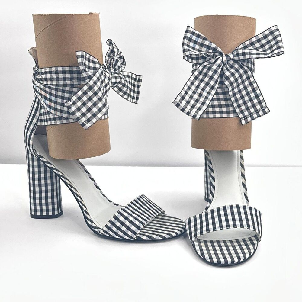 Guess Dress Sandals Womens 9 Black White Gingham Ankle Tie Block Heel Allison